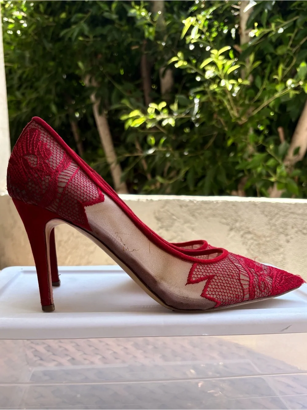 Jessica Simpson Red Lace Mesh Pointed Toe Stiletto Heels Women’s Size 10